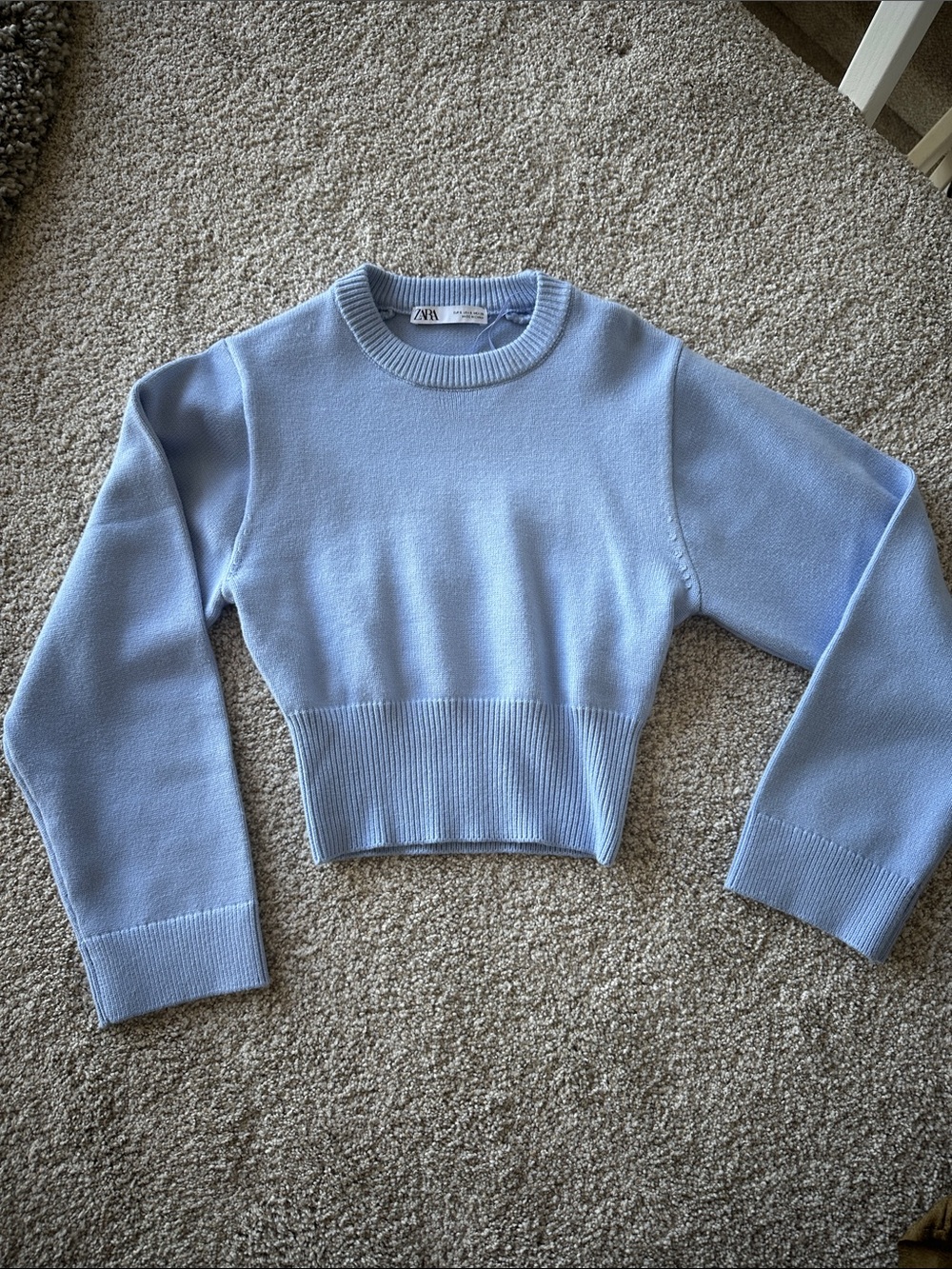 Zara Light Blue Cropped Crew Neck Sweater